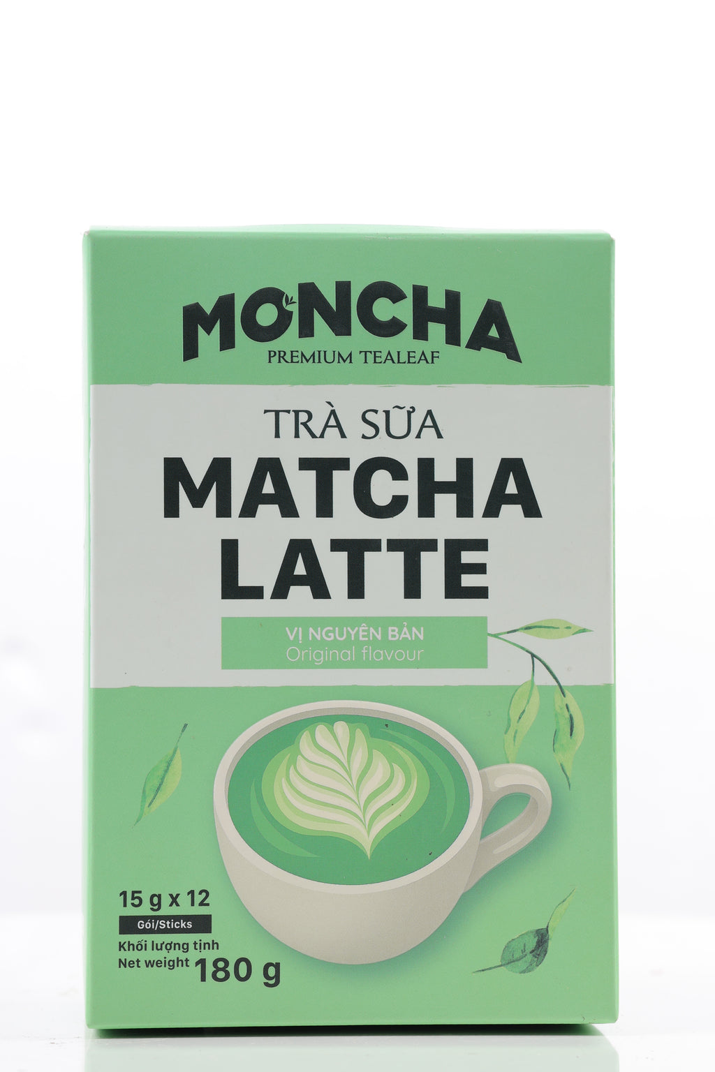 MONCHA Matcha Latte Original – Vorderseite Box 180g, 12 Sticks