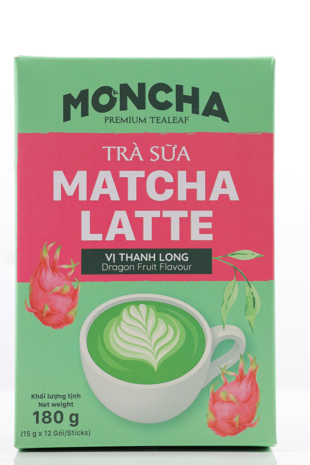 MONCHA Matcha Latte Drachenfrucht – Vorderseite Box 180g, 12 Sticks