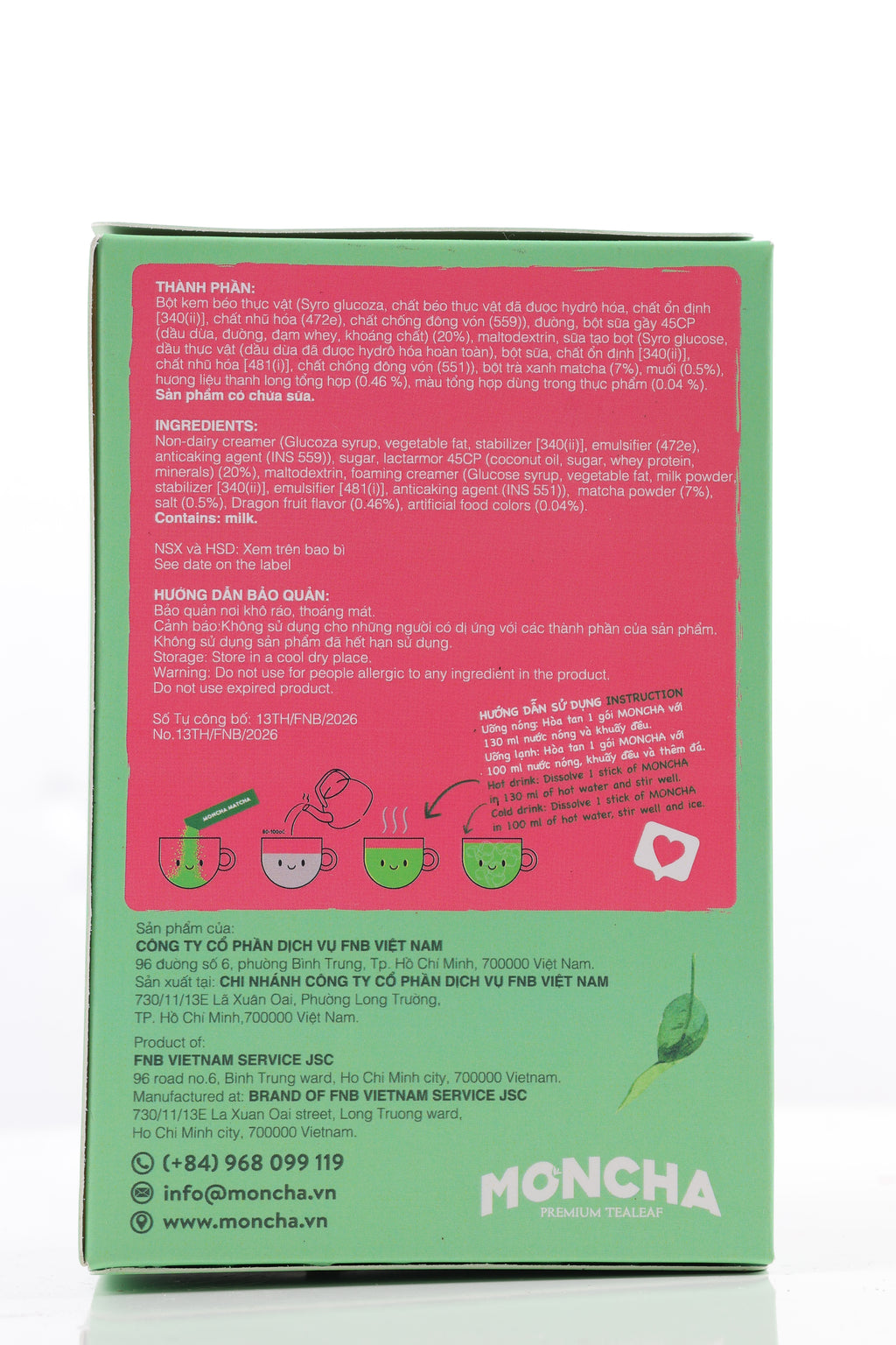 MONCHA Matcha Latte Drachenfrucht – Nährwerte und Zutaten