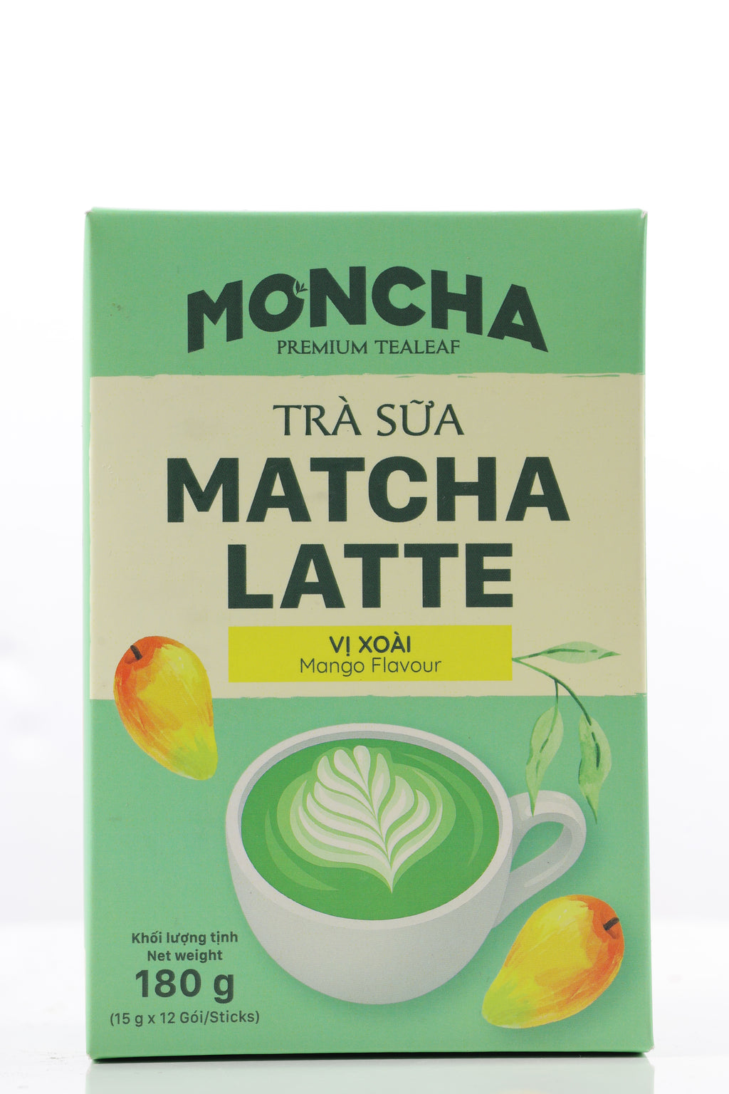 MONCHA Matcha Latte Mango – Vorderseite Box 180g, 12 Sticks
