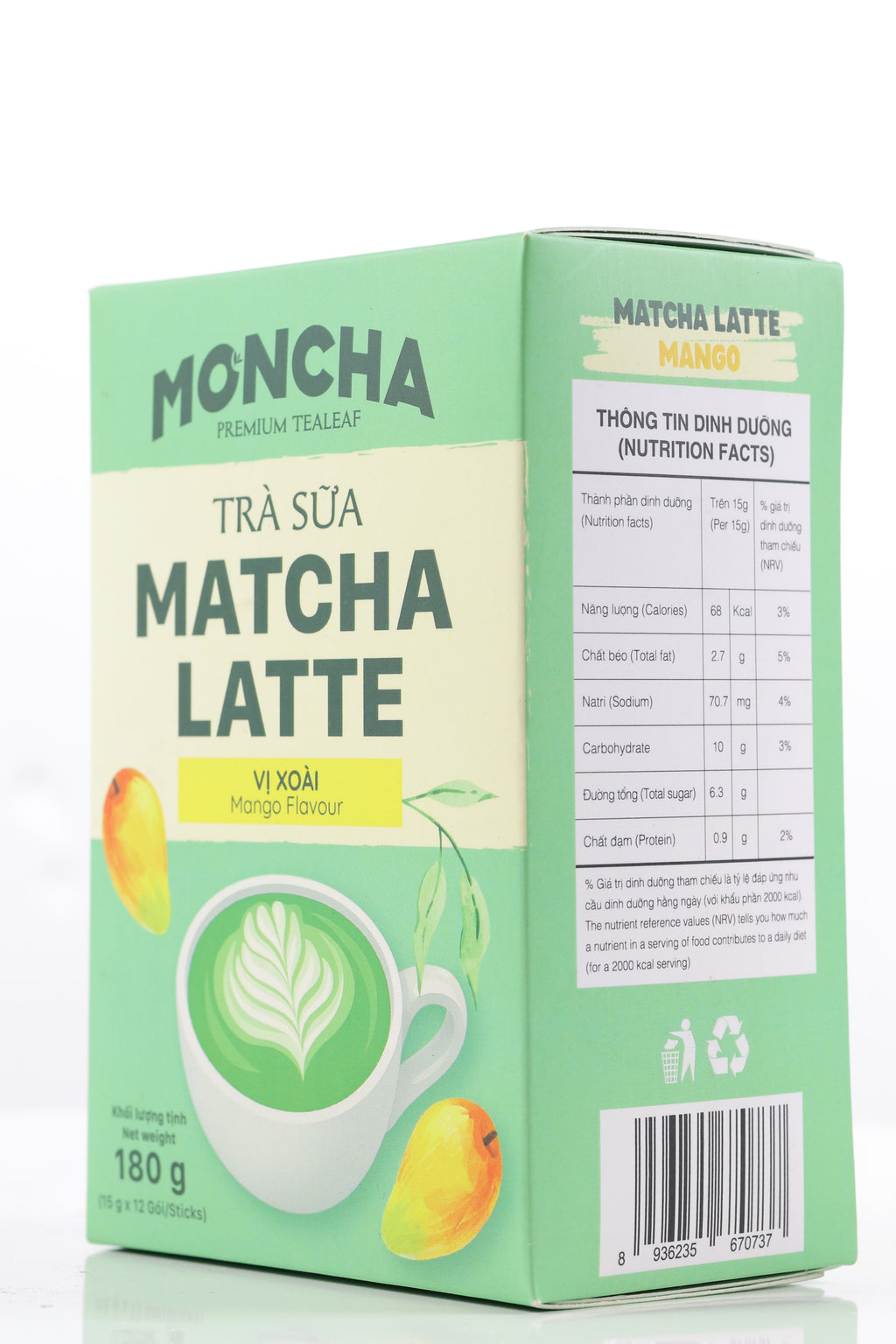 MONCHA Matcha Latte Mango – Seitenansicht Verpackung