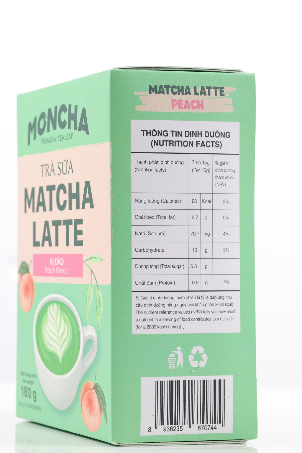 MONCHA Matcha Latte Pfirsich – Seitenansicht Verpackung