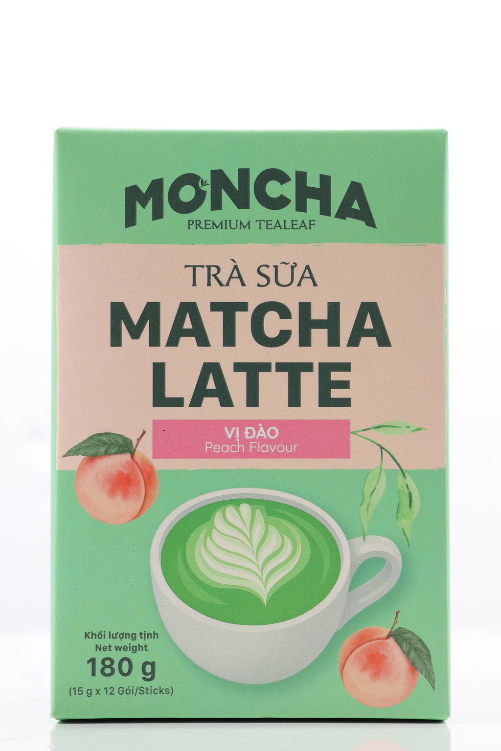 MONCHA Matcha Latte Pfirsich – Vorderseite Box 180g, 12 Sticks