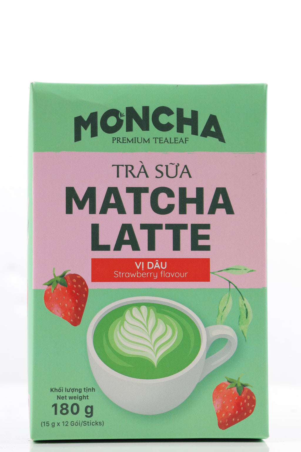 MONCHA Matcha Latte Erdbeere – Vorderseite Box 180g, 12 Sticks