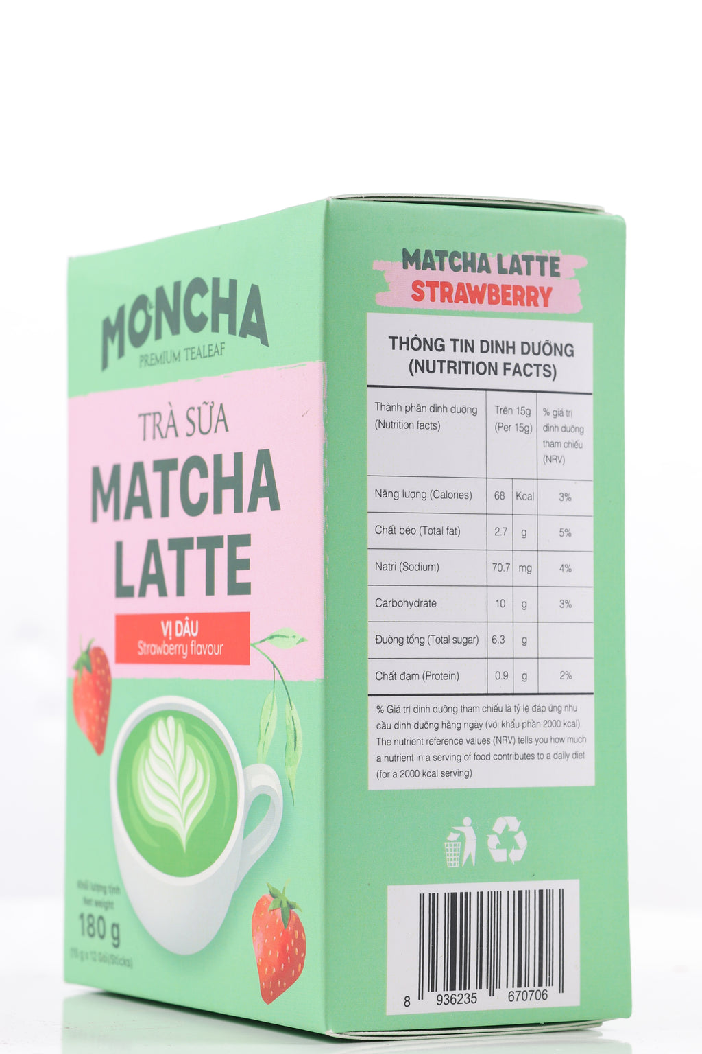 MONCHA Matcha Latte Erdbeere – Seitenansicht Verpackung