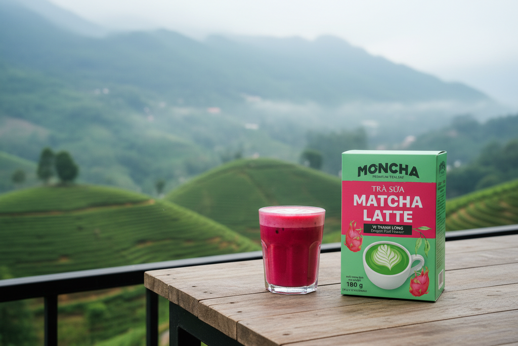MONCHA Matcha Latte Drachenfrucht – Zubereitetes Getränk auf Balkon mit Berglandschaft