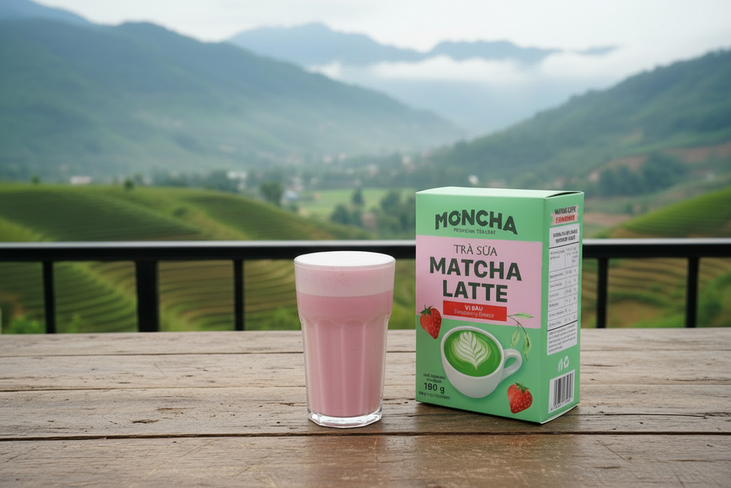 MONCHA Matcha Latte Erdbeere – Zubereitetes Getränk auf Balkon mit Berglandschaft