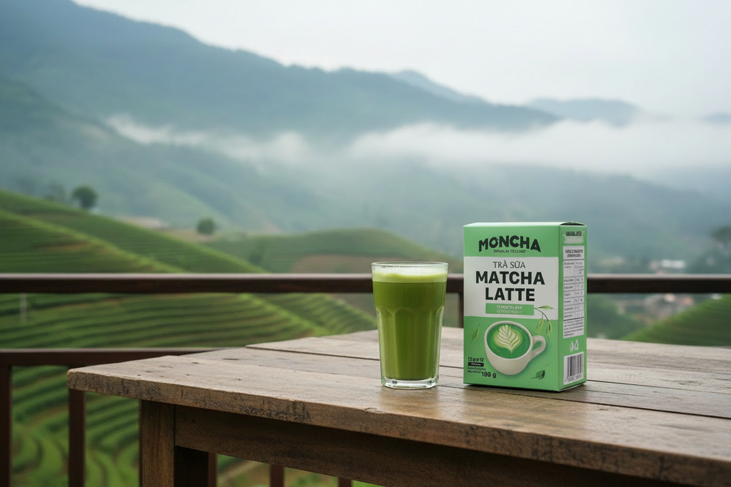 MONCHA Matcha Latte Original – Zubereitetes Getränk auf Balkon mit Berglandschaft
