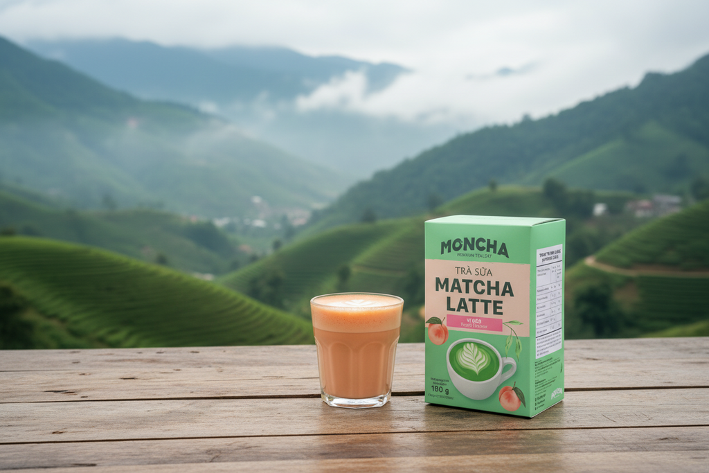 MONCHA Matcha Latte Pfirsich – Zubereitetes Getränk auf Balkon mit Berglandschaft